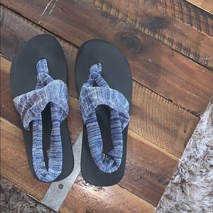 Black Sandals with Blue and White Straps